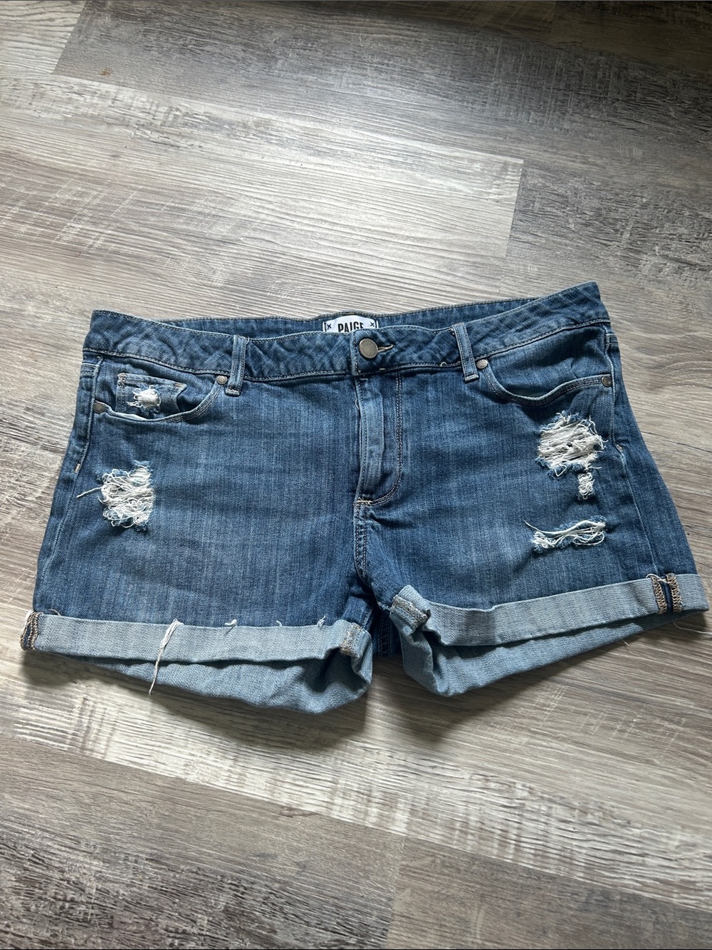 PAIGE Medium Blue Distressed Denim Rolled-Hem Shorts